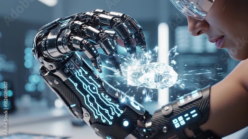 Futuristic female scientist interacts with holographic data in lab