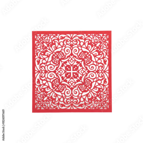 Intricate Red and White Decorative Cutout Pattern with Elaborate Swirls and Geometric Designs