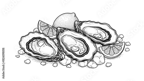 Fine Line Ink Engraving of Fresh Oysters on Ice with Lemon Wedges for Seafood Menu