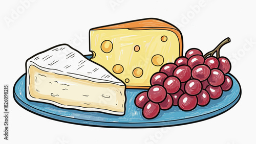 Colorful Wax Crayon Drawing of Artisan Cheese Platter with Grapes in Rustic Style