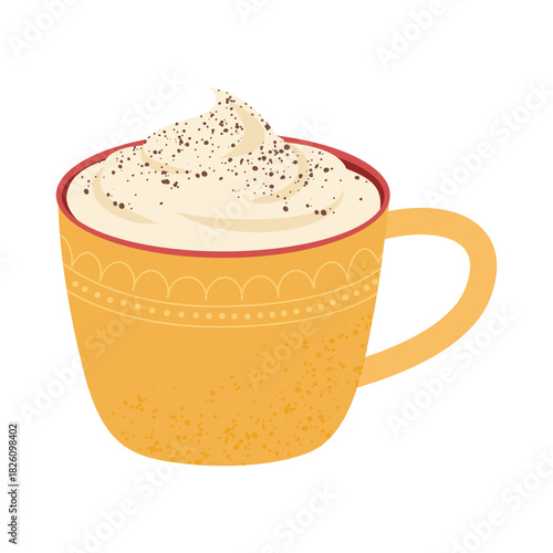 Cocoa cups with cream. Yellow mug. Cream sprinkled with grated chocolate. Isolated on a white background.