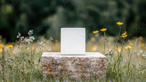 Fototapeta Naklejka Na Ścianę i Meble -  A clean white cube is placed on a rough stone pedestal, surrounded by a vibrant meadow of wildflowers and green grass. The background features a soft, blurred b