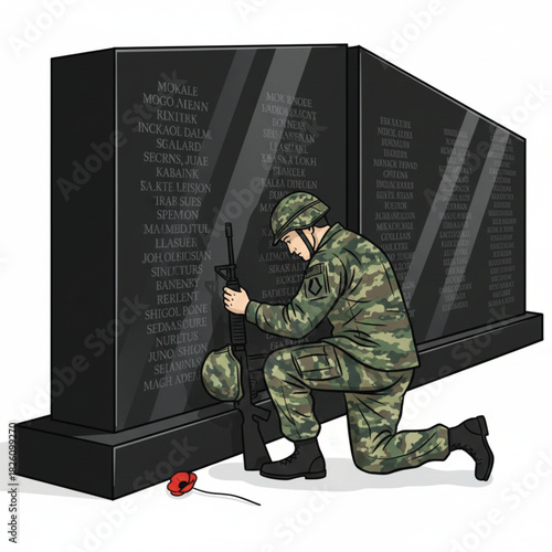 Soldier kneeling at a memorial with engraved names, vector art.