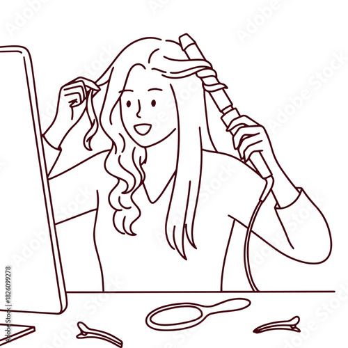 Black and white line art of a girl styling her hair with a curling iron. Outline illustration suitable for coloring pages showing beauty routine and hairstyle preparation.