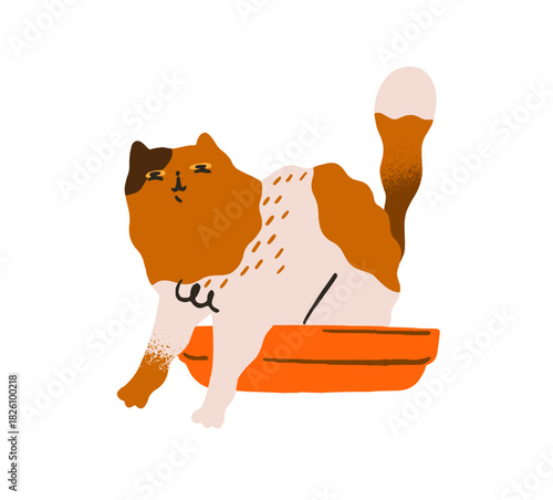 Silly cat poops in litterbox. Cute kitty sits in sandbox. Funny kitten in litter box. Naughty pet in sand toilet. Comic domestic animal. Flat drawing isolated vector illustration on white background