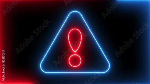 glowing neon red and blue color warning attention icon animation danger risk hazard alert road warning sign stop error signal emergency problem issue important sign symbol on black background	