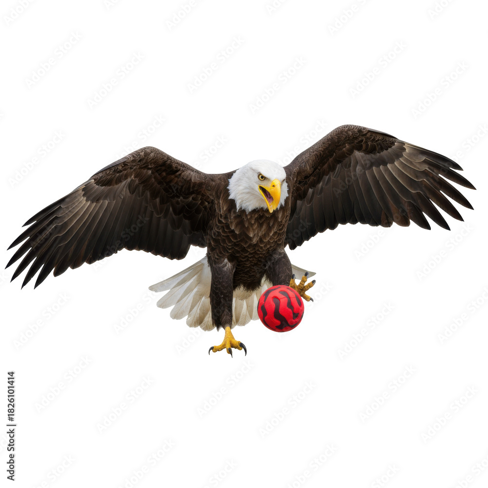 Obraz premium Majestic bald eagle in flight with a red ball in its talons on a black background