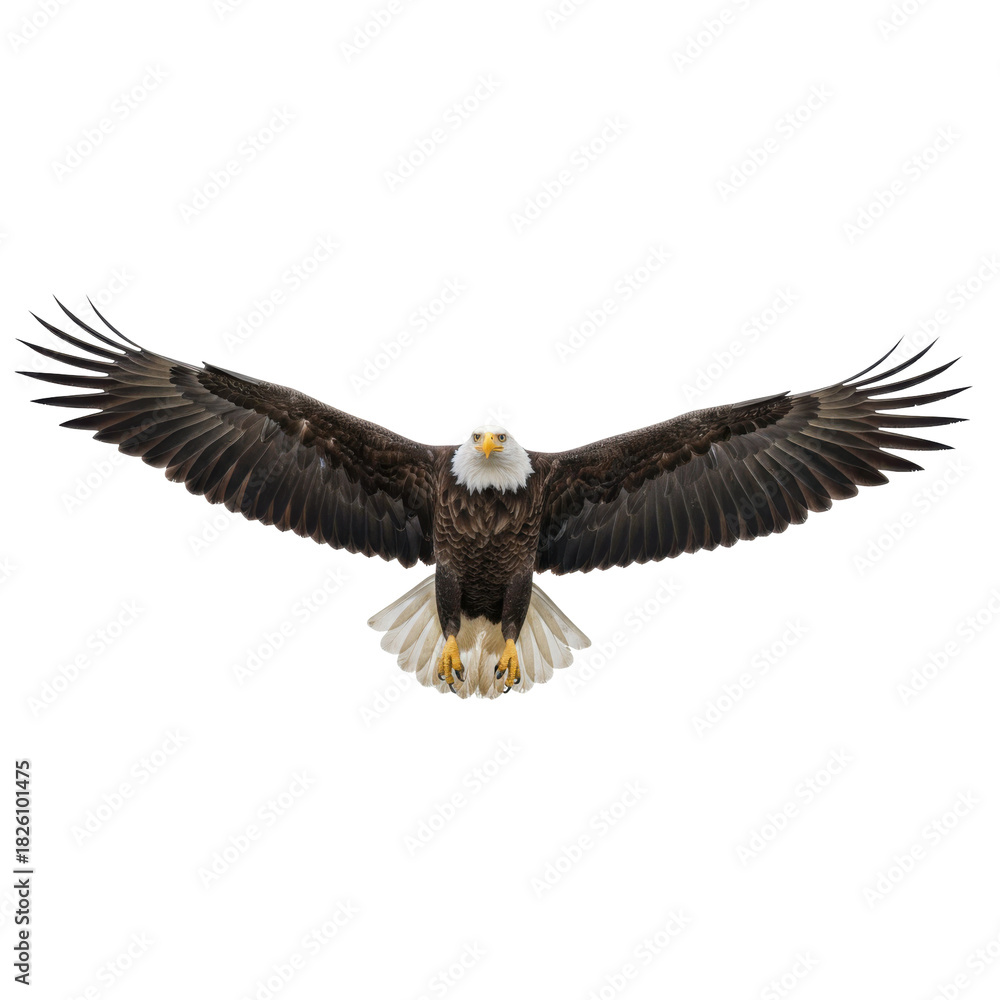 Fototapeta premium majestic bald eagle soaring with wings spread wide against a stark black background