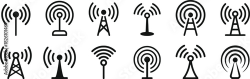 radio tower, antenna, signal, transmission, broadcast, communication, network, wave, wifi, wireless, technology, icon, set, collection, black, white, graphic, design, element, tower, mast, transmitter