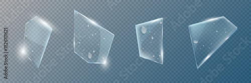 Realistic glass shards with water drops on a transparent background