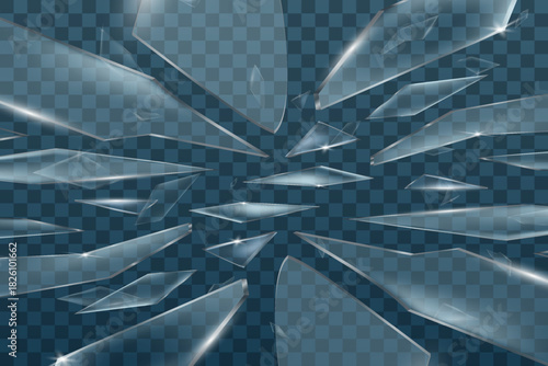 Flying glass shards on a transparent background
