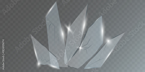 Flying glass shards on a transparent background