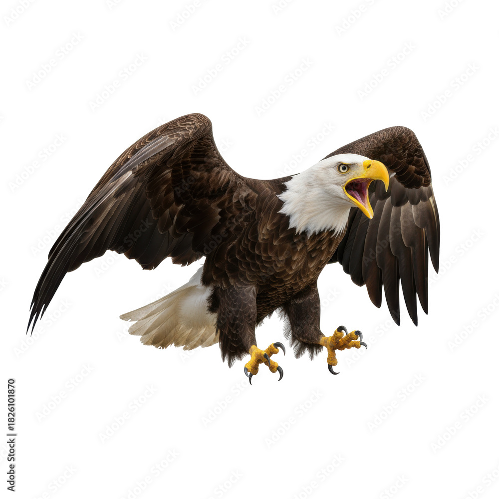 Fototapeta premium Majestic bald eagle with open beak and wings spread wide against a stark black background