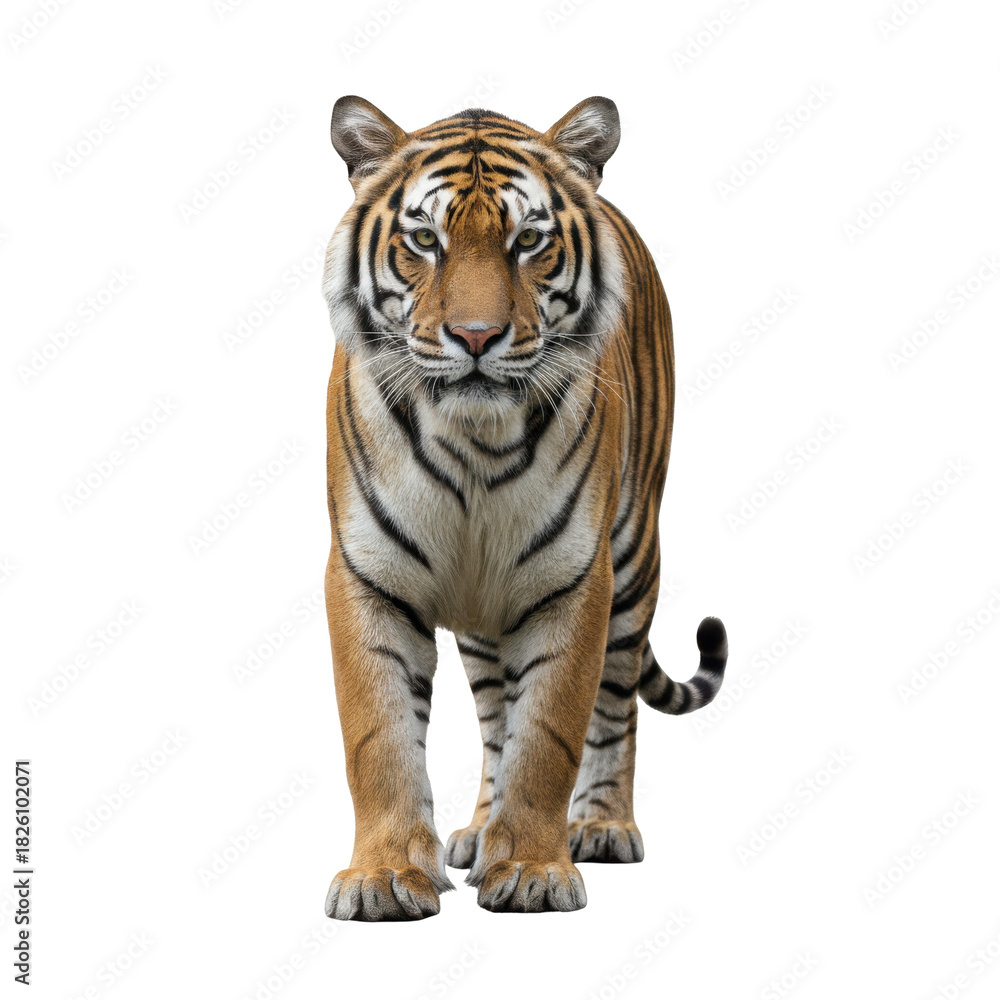 Fototapeta premium Majestic Bengal Tiger Stands Tall Against a Stark Black Background