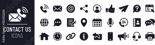 contact us, icons, symbols, communication, business, website, information, phone, email, mail, message, social media, location, calendar, microphone, clock, link, mobile, megaphone, headphones, printe