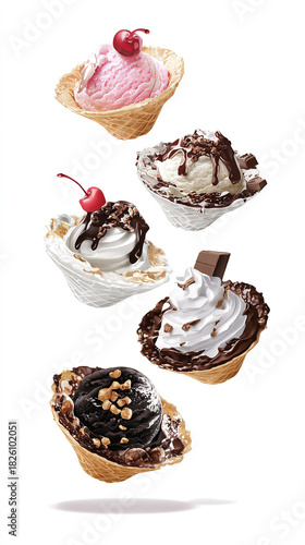 Assorted Decorated Ice Cream Cones on White Background - Dessert Material for Ice Cream Shop Advertising & Menu
