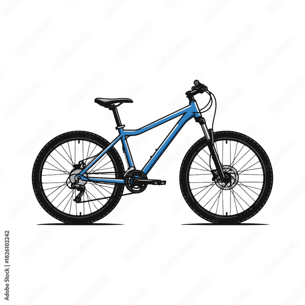 Obraz premium A detailed illustration of a blue mountain bike, showcasing its design and components.