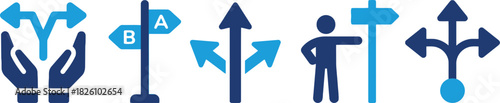 decision, direction, choice, path, fork, hands, offering, signpost, arrows, up, down, left, right, person, man, standing, crossroads, junction, strategy, options, guidance, way, route, graphic, design