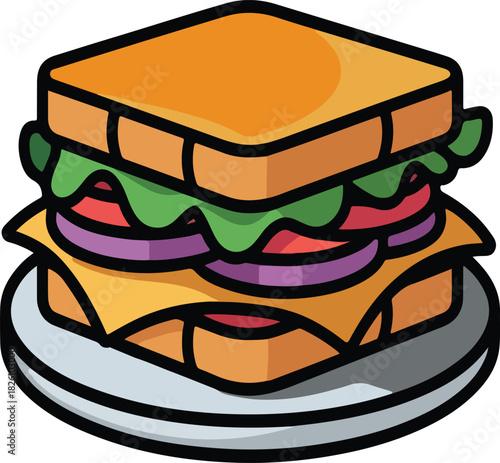 Tasty sandwich with layers of cheese, lettuce, tomato, and onion on toasted bread