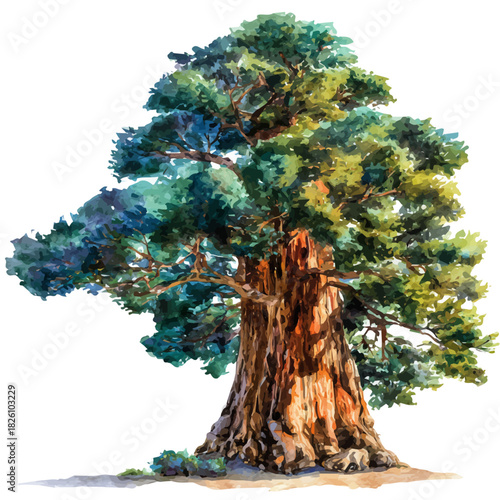 Watercolor illustration of Redwood Tree, vector artwork, isolated on white background.