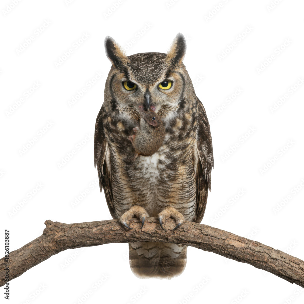 Naklejka premium Majestic Great Horned Owl perched on a branch against a stark black background