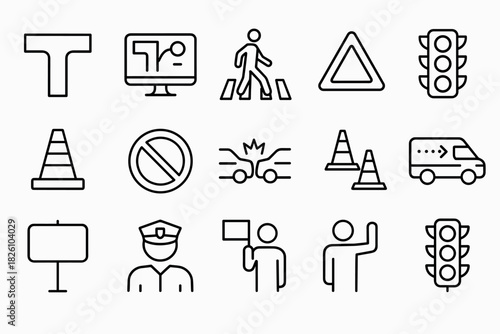 Minimalist traffic and safety icons set for urban infrastructure design