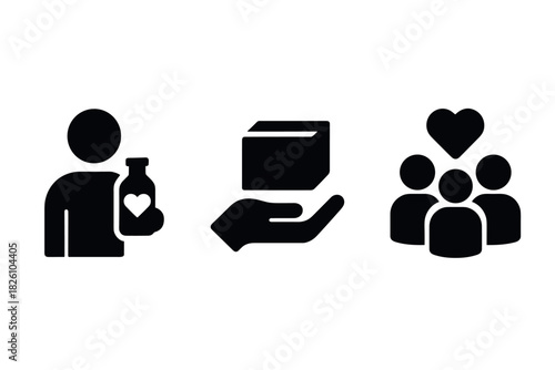 Silhouette icons of charity donation, giving, and community care