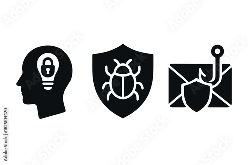 Cybersecurity icons malware, phishing, and data protection symbols in black silhouette style