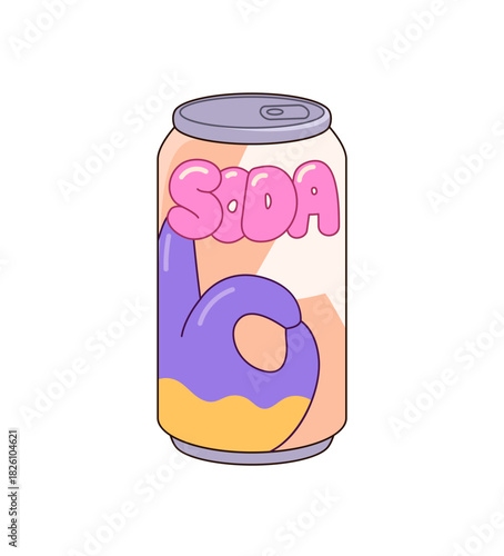 Icon of soda can. Metal bottle of sweet sparkling water. Aluminum package of carbonated beverage. Refreshing soft drink with bubbles in steel. Flat isolated vector illustration on white background