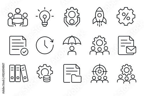 Business line icons set innovation, teamwork, and productivity symbols