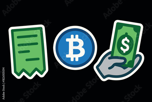 Digital transactions bitcoin, cash, and receipts on a black background