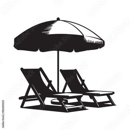 Two Beach Lounge Chairs Under Umbrella Silhouette Vector