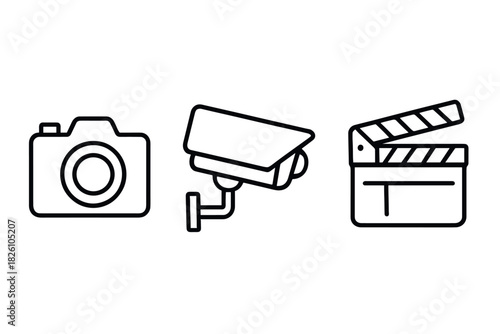 Minimal camera, security, and movie icon set in black linear style