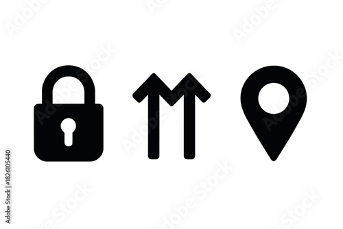 Security lock, upload arrows, and map pin icons in bold minimalist design