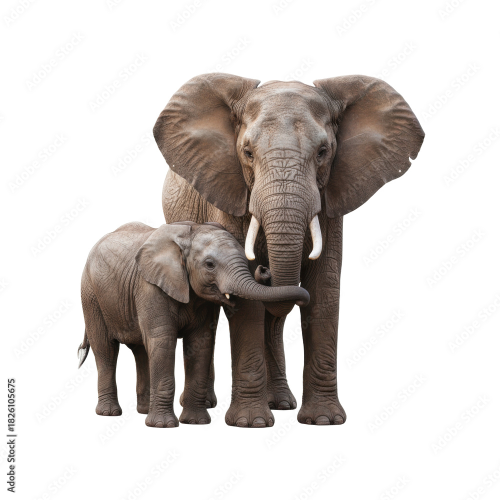 Obraz premium Majestic mother elephant and her adorable baby calf standing together on a black background