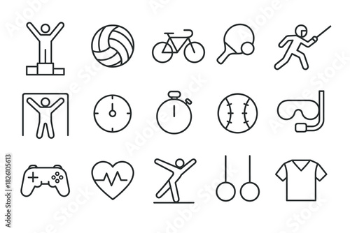 Linear sports icons set fitness, games, and activities for all ages