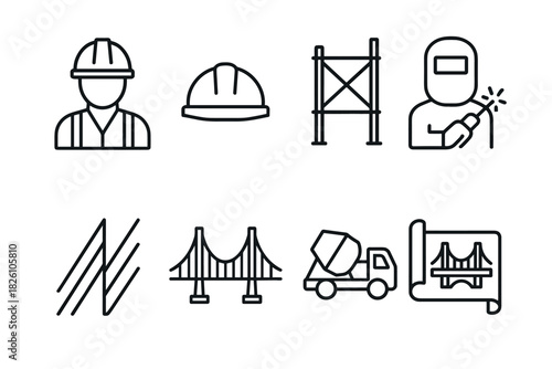 Construction line icons set featuring workers, safety, and tools for industrial projects