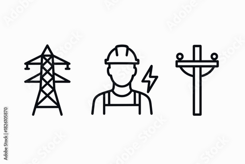 Electric line worker with power lines icon set in linear style