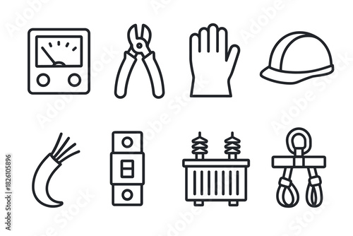 Essential electrical tool icons in linear style for safety and maintenance