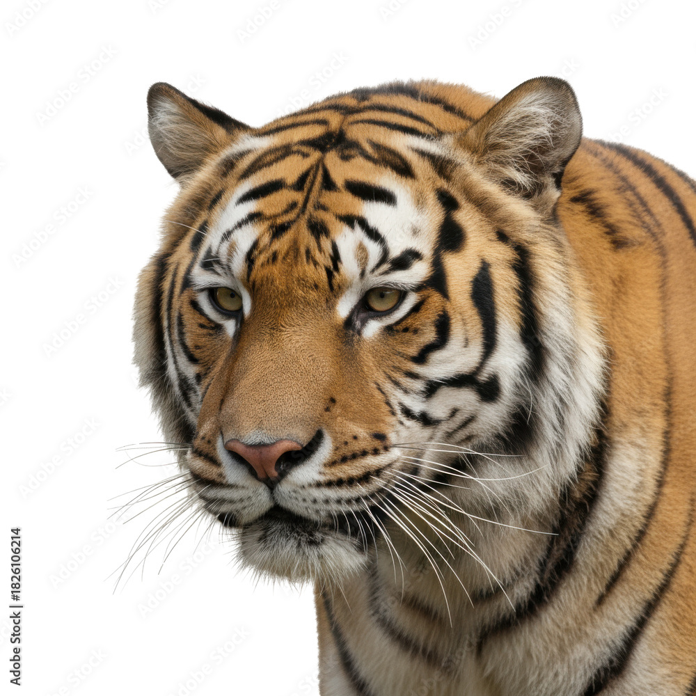 Obraz premium Majestic Tiger Portrait Capturing Intense Gaze Against a Stark Black Background Detailed Fur Texture