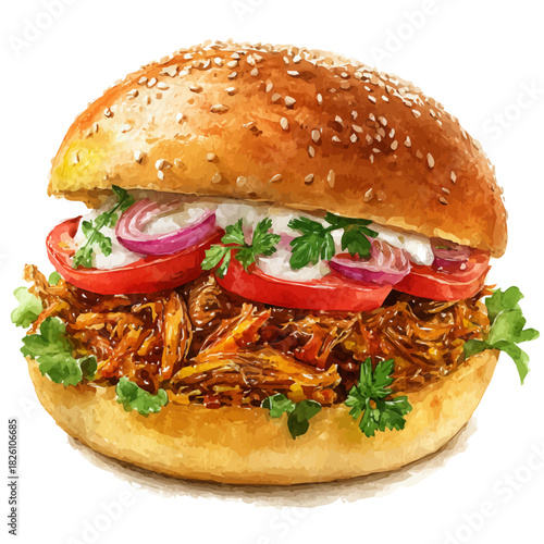 Pulled Pork Sandwich, watercolor painting, vector illustration, isolated on a white background.