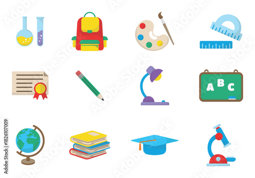 Bundle of cute cartoon isolated illustrations of stacks of books, rulers, bags, chalkboards and more for back to school themed graphic elements. Vector icons with a school learning theme.