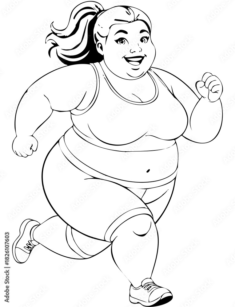 Fototapeta premium 走っているふくよかな体系の女性 線画 