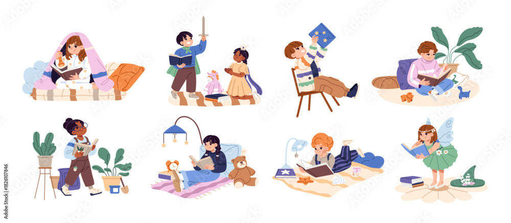 Fototapeta premium Happy children read books set. Cute kids enjoy fairytales, stories, tales and novels. Boys and girls with fiction and educational literature. Flat isolated vector illustrations on white background