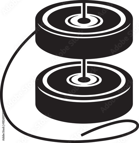 Black silhouette illustration of traditional yo-yo spinning toy with string wrapped around axle vector graphic.