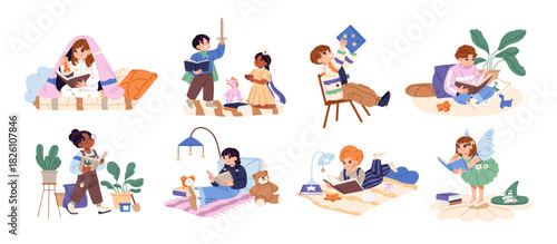 Happy children read books set. Cute kids enjoy fairytales, stories, tales and novels. Boys and girls with fiction and educational literature. Flat isolated vector illustrations on white background
