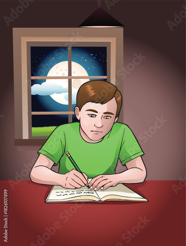illustration of a boy writing on book on study room background
