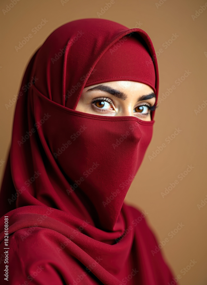 Naklejka premium Crimson elegance: a glimpse of veiled beauty in portrait photography