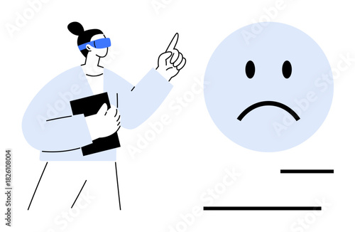 Digital feedback concept. Woman using virtual technology points to an emoticon feedback in a digital setting. Digital feedback connects emotions and technology. For UXUI, emotions, reviews