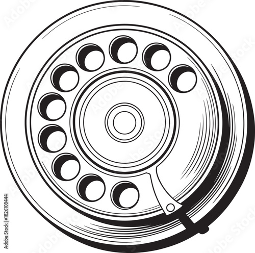 Old fashioned rotary telephone dial black and white line art isolated on transparent background